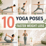 10 yoga poses for faster weight loss with beginner-friendly yoga exercises shown in a bright home workout collage.