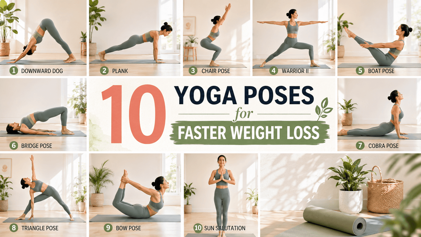 10 yoga poses for faster weight loss with beginner-friendly yoga exercises shown in a bright home workout collage.