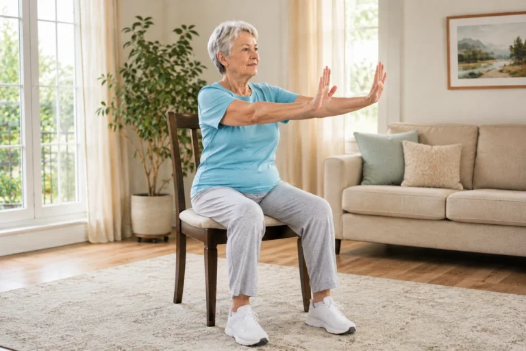 Older adult practicing gentle Chair Tai Chi at home